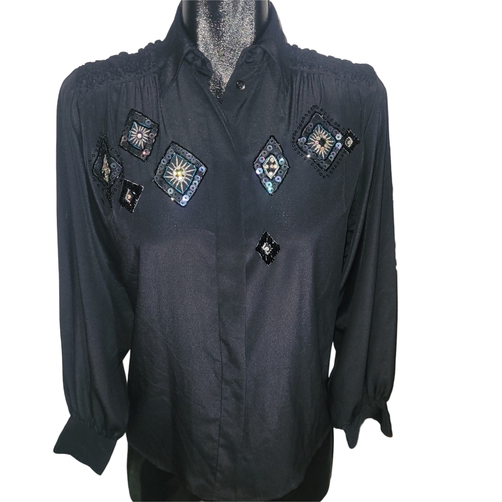 Jardin Black Embellished Chic Button-Up Boho Blouse
